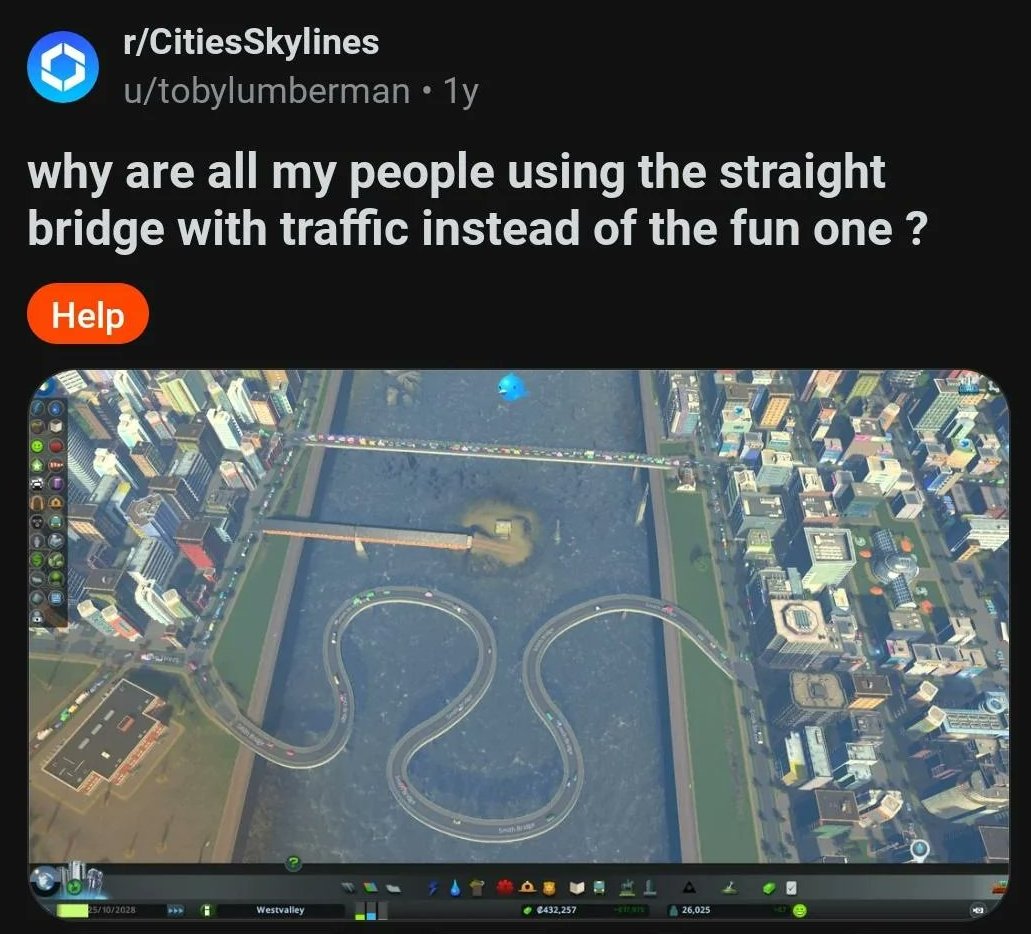 Why are all my people using the straight bridge with traffic instead of the fun one? Люди в Cities Skylines предпочитают прямые мосты даже в пробках, а не длинные и извилистые