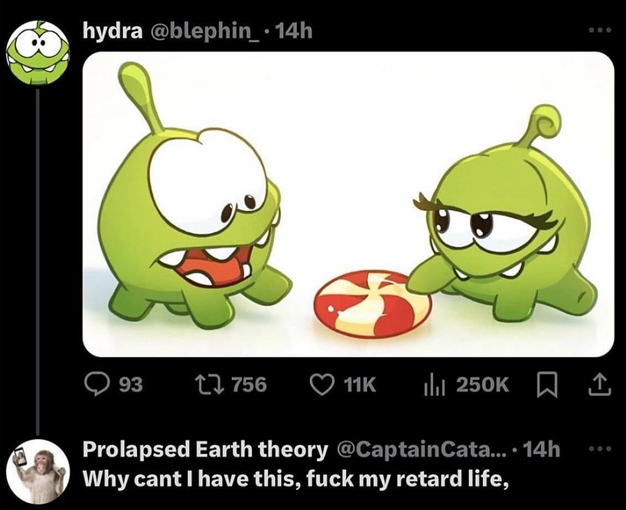 Why cant I have this Мем с Ам Нямом и Ам Няшей и комментарием «Why cant I have this, fuck my retard life»