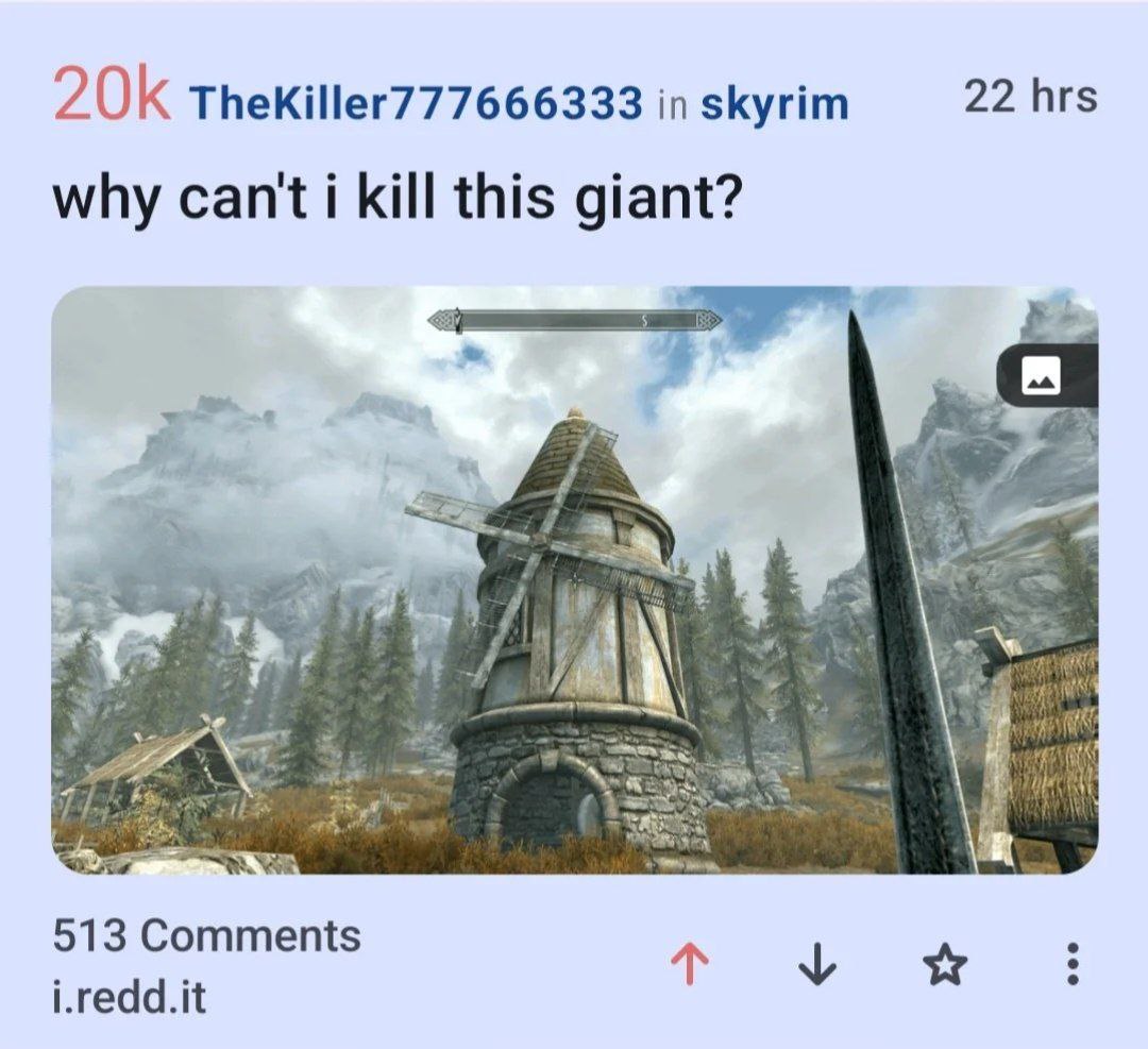 Почему я не могу убить этого гиганта? Скриншот из игры Skyrim с вопросом от игрока: «Почему я не могу убить этого гиганта?». На изображении вместо гиганта видна ветряная мельница.