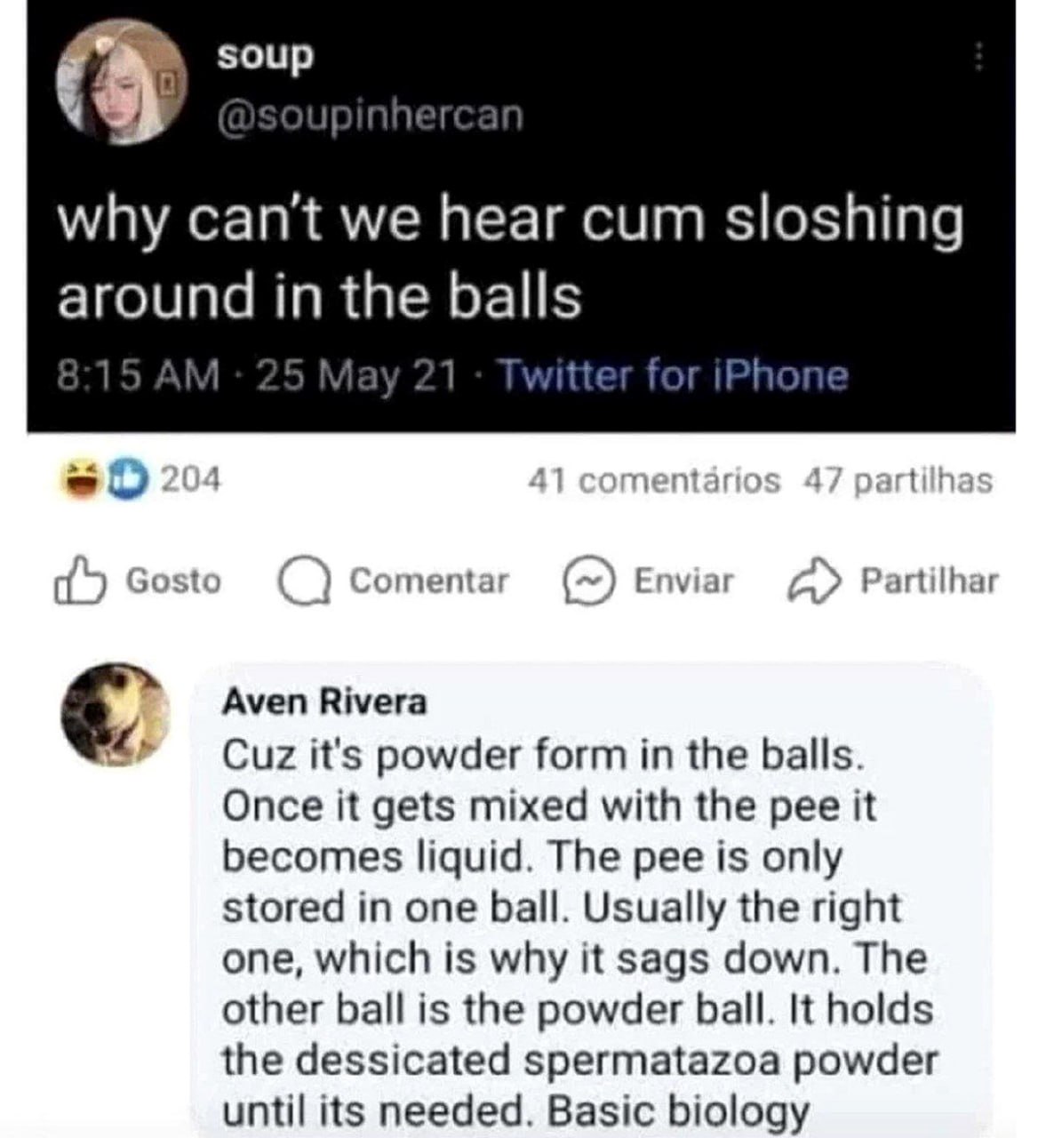 Why can't we hear cum sloshing around in the balls Мем с вопросом "why can't we hear cum sloshing around in the balls" и "научным" объяснением о порошке и моче в яичках.