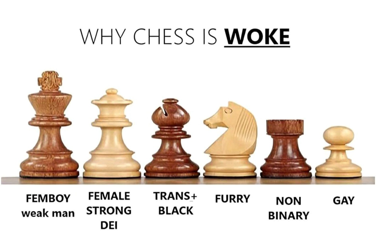 WHY CHESS IS WOKE Мем "Почему шахматы "пробуждены" с шахматными фигурами и "прогрессивными" подписями