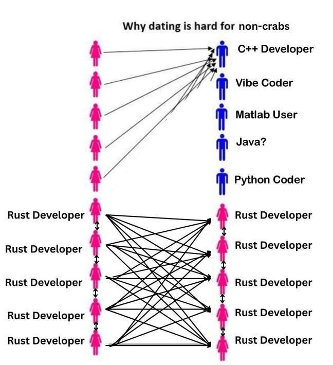 Схема о том, почему не-крабам сложно знакомиться: разработчики на Rust находят друг друга, а остальные конкурируют за C++ Developer