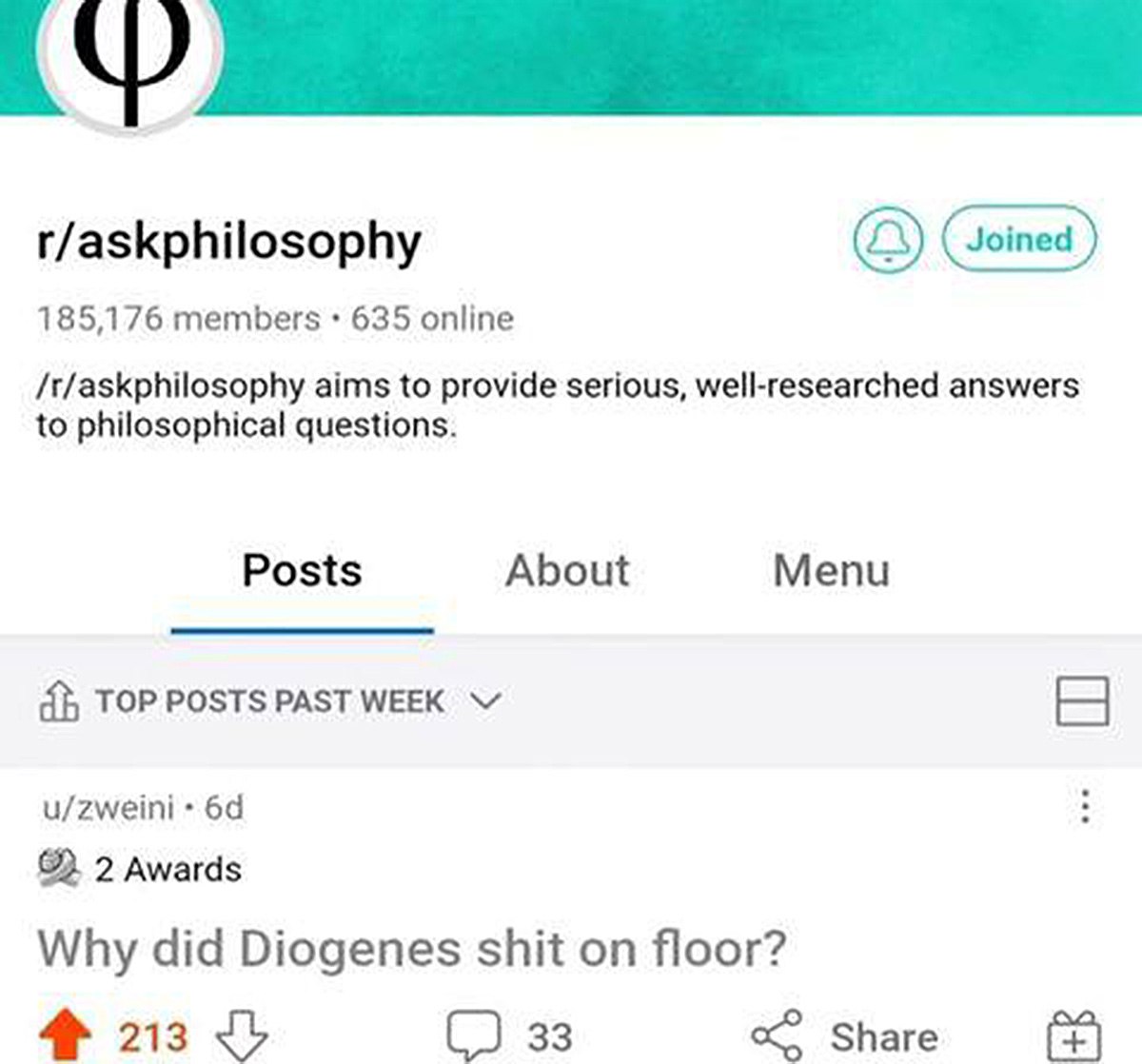 Why did Diogenes shit on floor? Пост на Reddit из сообщества r/askphilosophy с вопросом "Почему Диоген насрал на пол?"