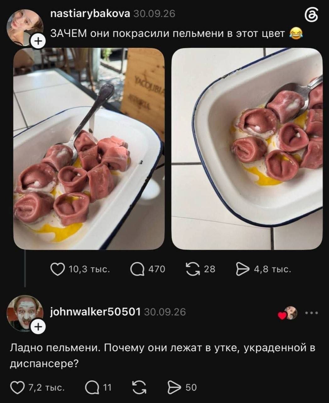 Розовые пельмени в эмалированной миске и вопрос о том, почему они лежат в утке, украденной в диспансере