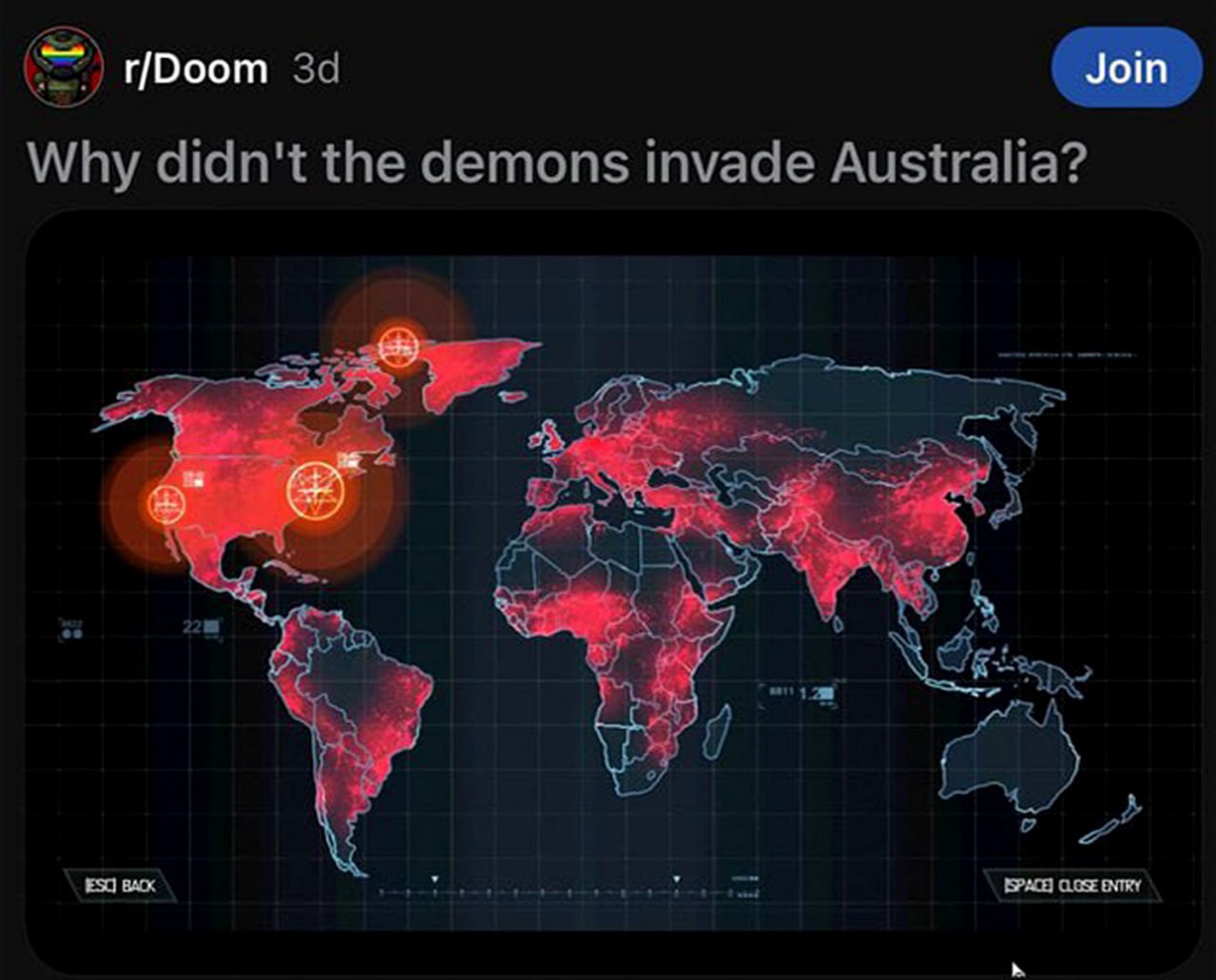 Why didn't the demons invade Australia Мем с картой мира, на которой отмечены вторжения демонов по всему миру, кроме Австралии