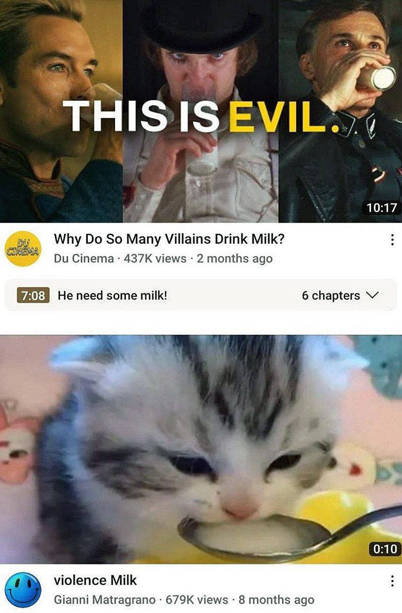 Why Do So Many Villains Drink Milk, котенок пьет молоко Мем с видео YouTube, на котором изображены злодеи, пьющие молоко, и подпись «THIS IS EVIL», а затем видео с милым котенком, пьющим молоко.