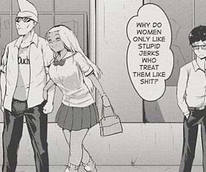 Why do women only like stupid jerks who treat them like shit Мужчина в очках задается вопросом, почему женщины выбирают плохих парней, когда рядом проходят влюбленная пара.