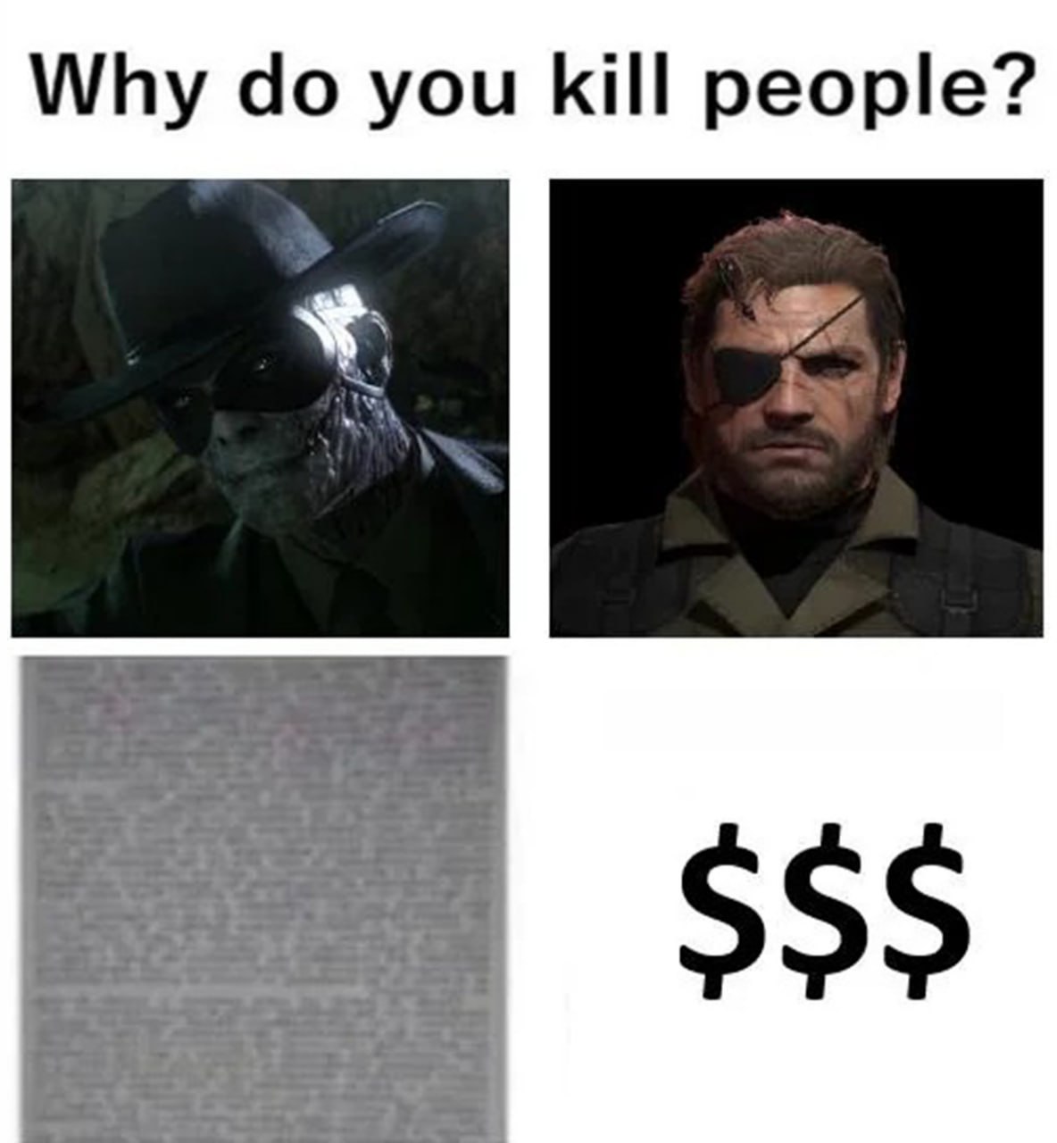 Why do you kill people Мем с вопросом "Why do you kill people?" и двумя вариантами ответа: долгим объяснением и тремя символами доллара