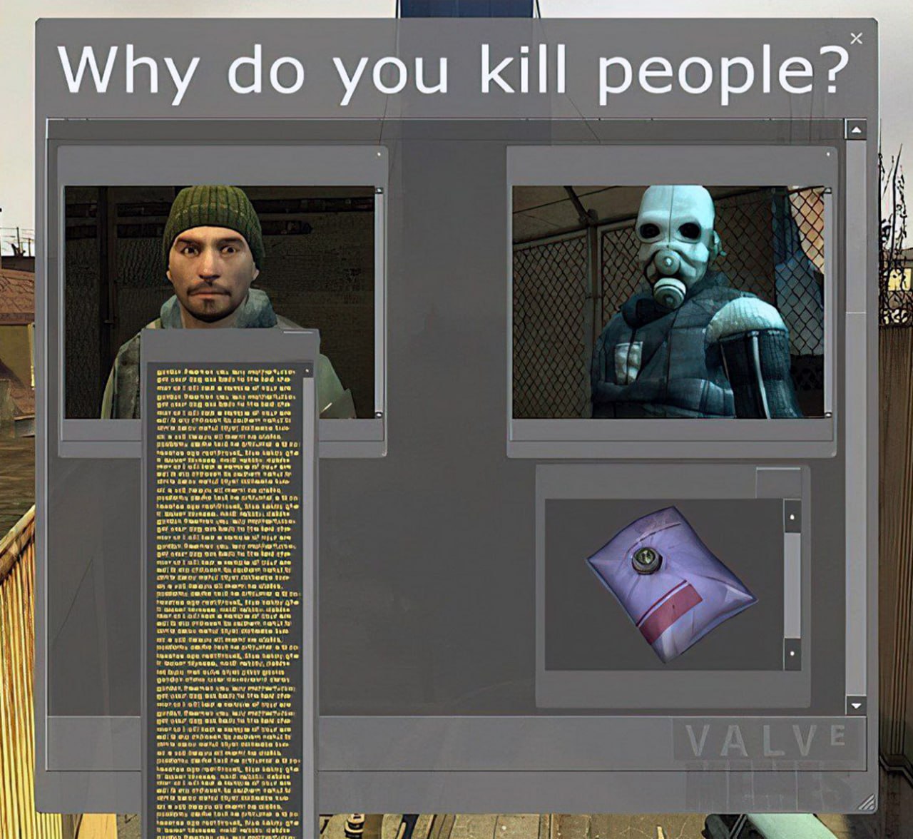 Why do you kill people? Мем "Why do you kill people?" с персонажами Half-Life 2 и подушкой-гранатой