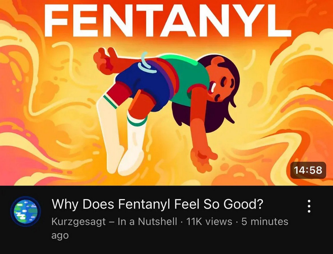 Why Does Fentanyl Feel So Good? Превью видео на YouTube с названием "Why Does Fentanyl Feel So Good?", на котором изображен расслабленный человек на оранжевом фоне с надписью "FENTANYL".