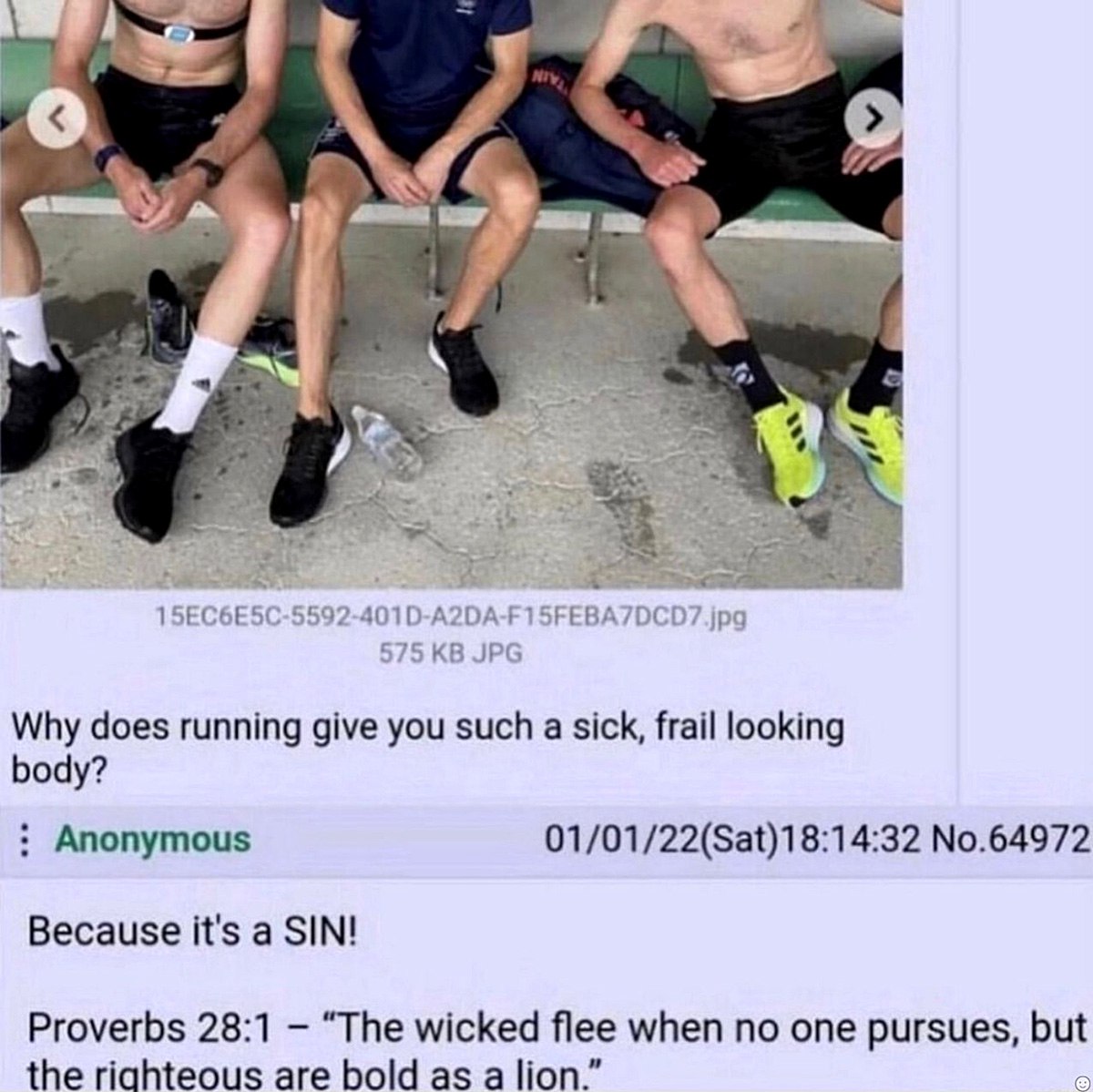 Why does running give you such a sick, frail looking body? Because it’s a SIN! Мем с вопросом "Почему бег делает тело таким больным и хилым?" и ответом "Потому что это грех!"