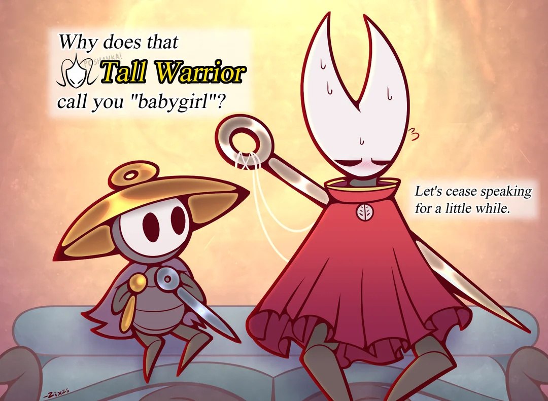 Персонаж Hollow Knight спрашивает, почему Tall Warrior называет другого героя «babygirl», а тот предлагает ненадолго замолчать.