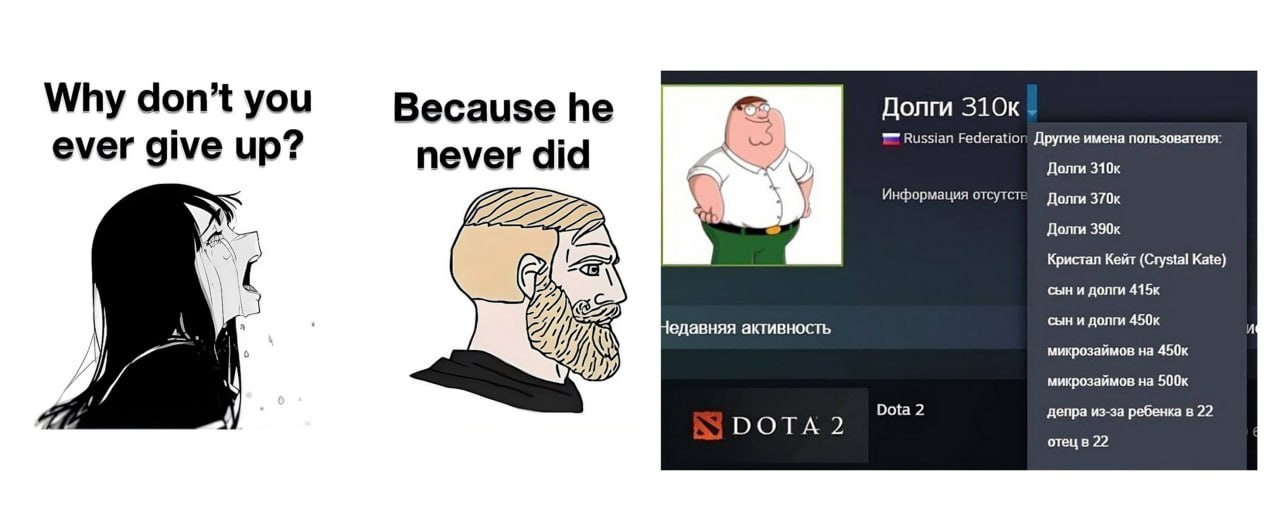 Why don't you ever give up Steam профиль Мем, где плачущая девушка спрашивает, почему не стоит сдаваться, а парень-гигачад отвечает, что «он никогда не сдавался». На другой половине показан профиль в Steam с ником «Долги 310К» и историей ников, включая «депра из-за ребенка в 22» и «отец в 22», намекая на то, что у человека, играющего в Dota 2, нет другого выбора, кроме как не сдаваться из-за его тяжелой жизненной ситуации.