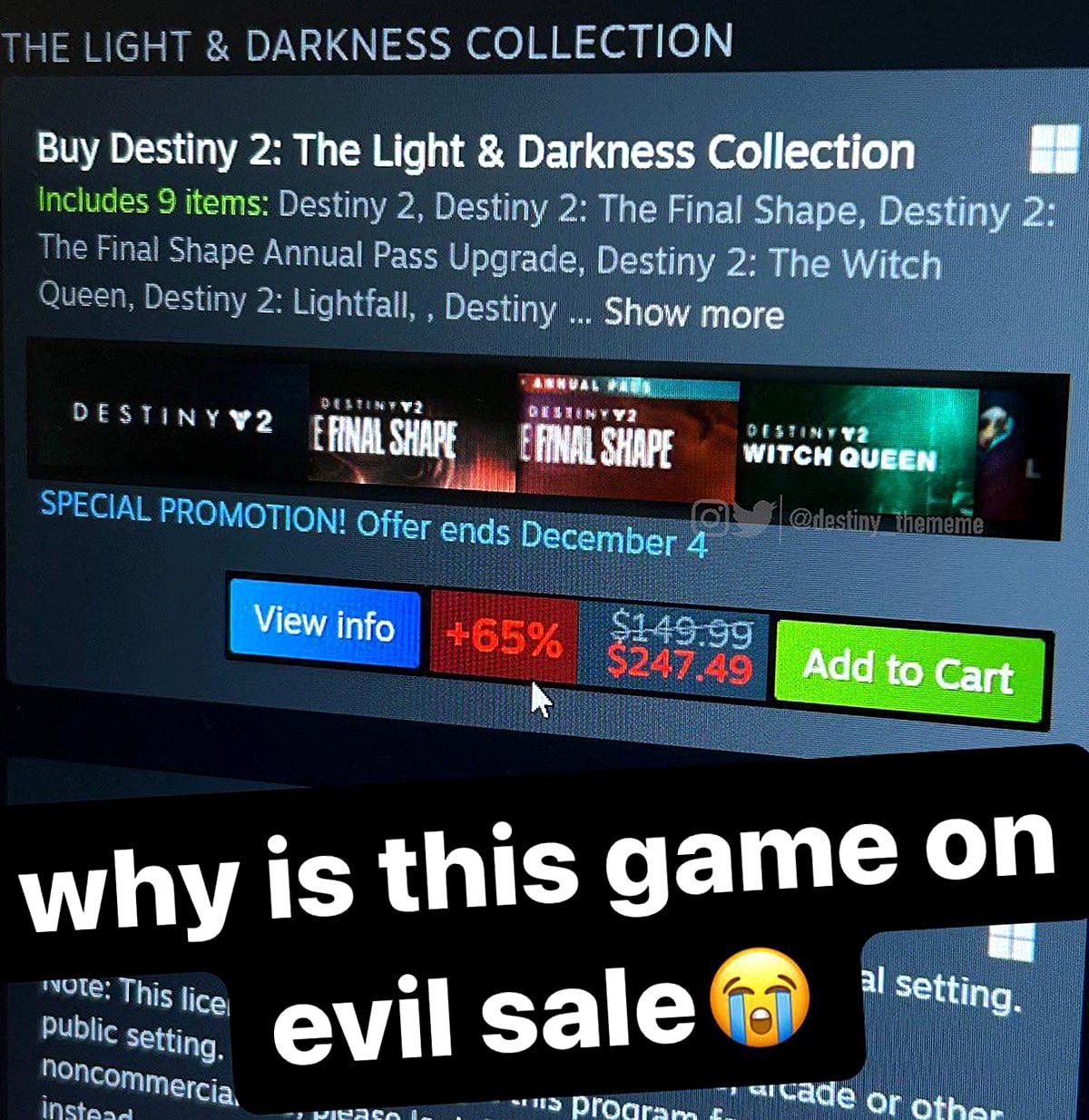 Why is this game on evil sale Скриншот из Steam с коллекцией игры Destiny 2 и ценником со «злой скидкой» в +65%.