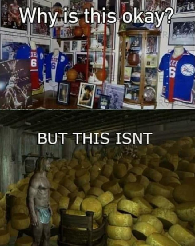 Why is this okay but this isnt Мем со сравнением одобрения одержимости спортом и осуждения одержимости сыром