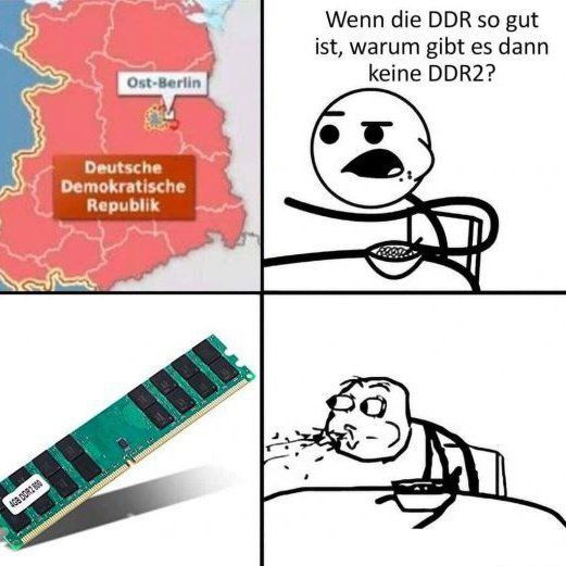 Шутка про DDR и оперативную память DDR2: персонаж спрашивает, почему нет DDR2, и получает в ответ планку RAM.
