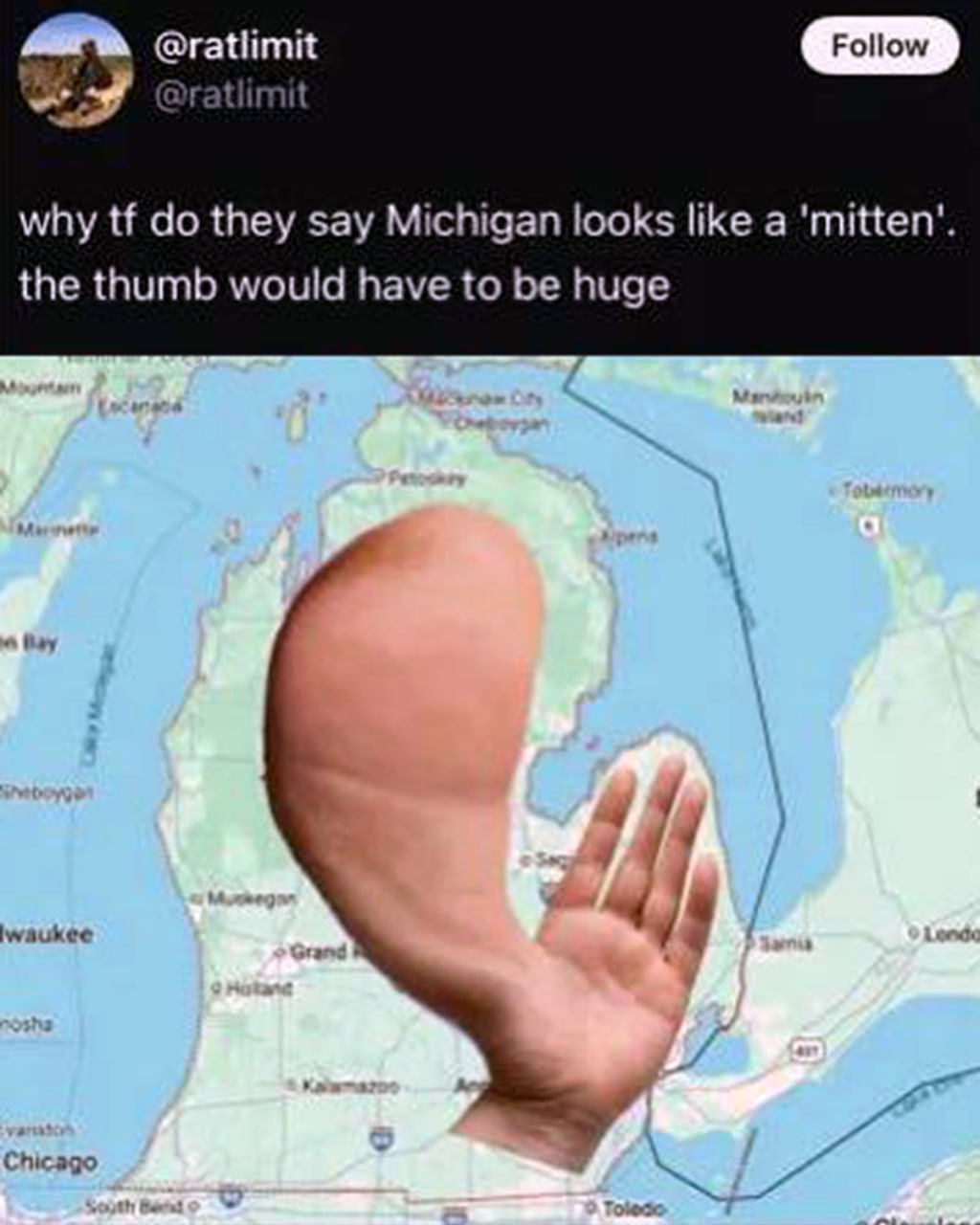 Why tf do they say Michigan looks like a 'mitten' Почему Мичиган выглядит как варежка, если большой палец должен быть таким огромным