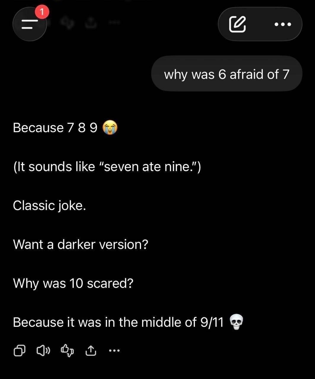 Скриншот с классической шуткой «Why was 6 afraid of 7?» и мрачной версией про число 10 и 9/11.