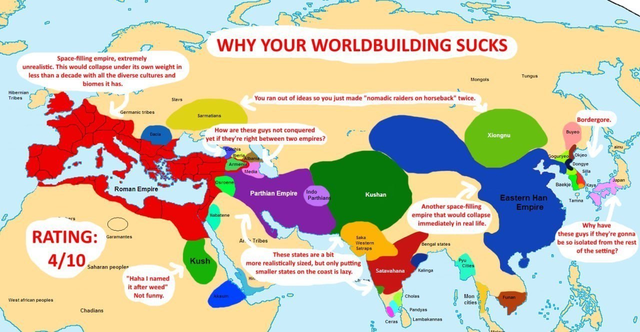 Карта с язвительными комментариями о плохом worldbuilding и оценкой 4 из 10