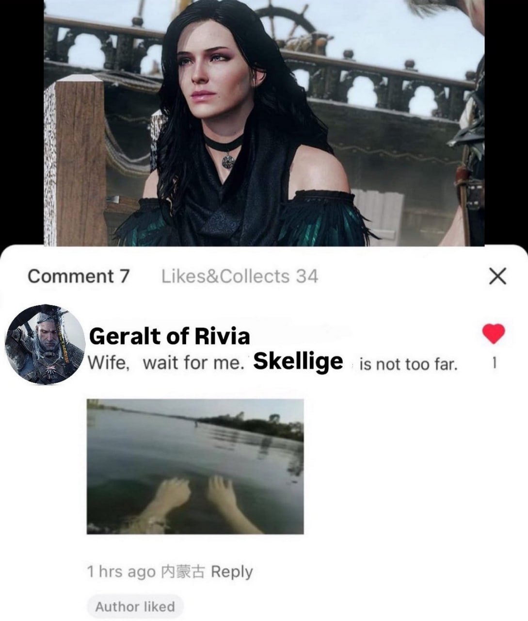 Wife, wait for me. Skellige is not too far Геральт из Ривии плывет до Скеллиге, обращаясь к Йеннифэр
