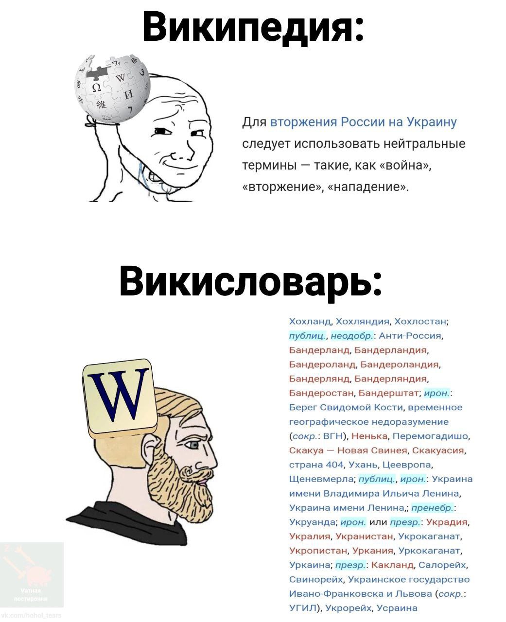 Википедия против Викисловаря Мем, где Wojak и Чад сравнивают словарные определения Википедии и Викисловаря.