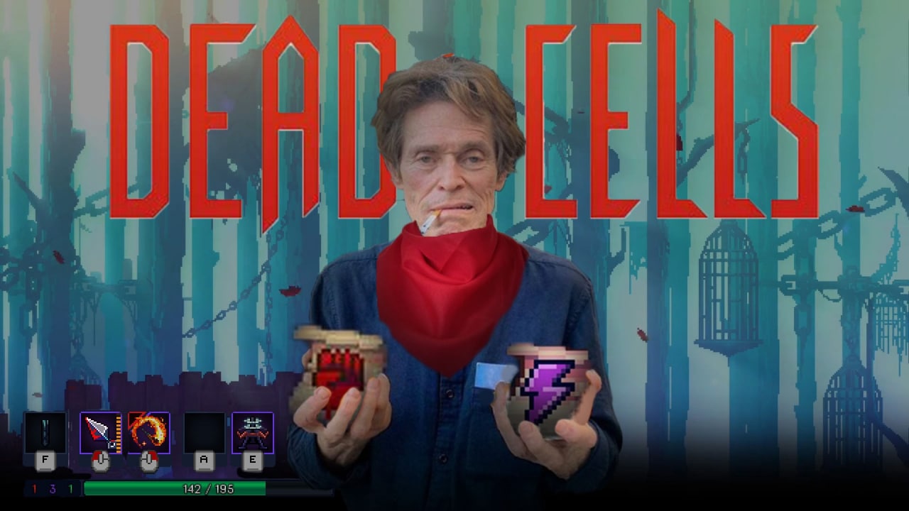 Уиллем Дефо с банкой здоровья и молнией в Dead Cells Уиллем Дефо в образе из мема «Ты знаешь, мне и самому своего рода ученый» держит банку здоровья и зелье с молнией на фоне игры Dead Cells.