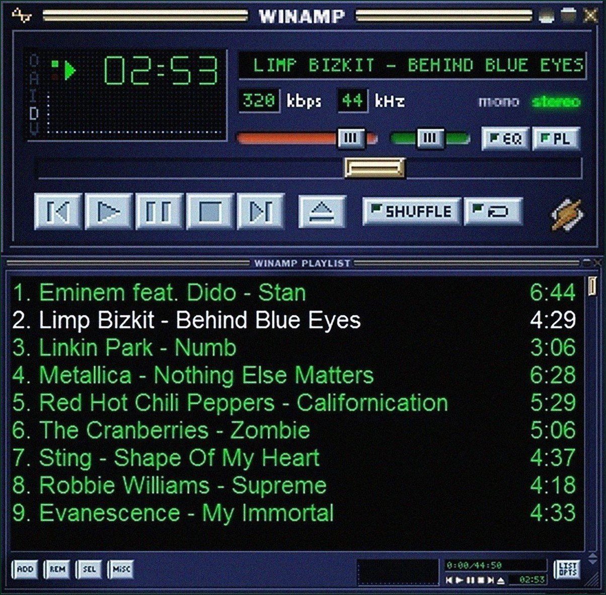 Ретро-плейлист Winamp с хитами 2000-х: Limp Bizkit, Eminem, Linkin Park, Metallica и Evanescence