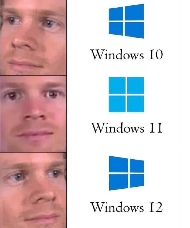 Мем с эволюцией логотипа Windows и ухмыляющимся парнем Мем, показывающий изменение логотипов Windows 10, Windows 11 и Windows 12 рядом с ухмыляющимся парнем.