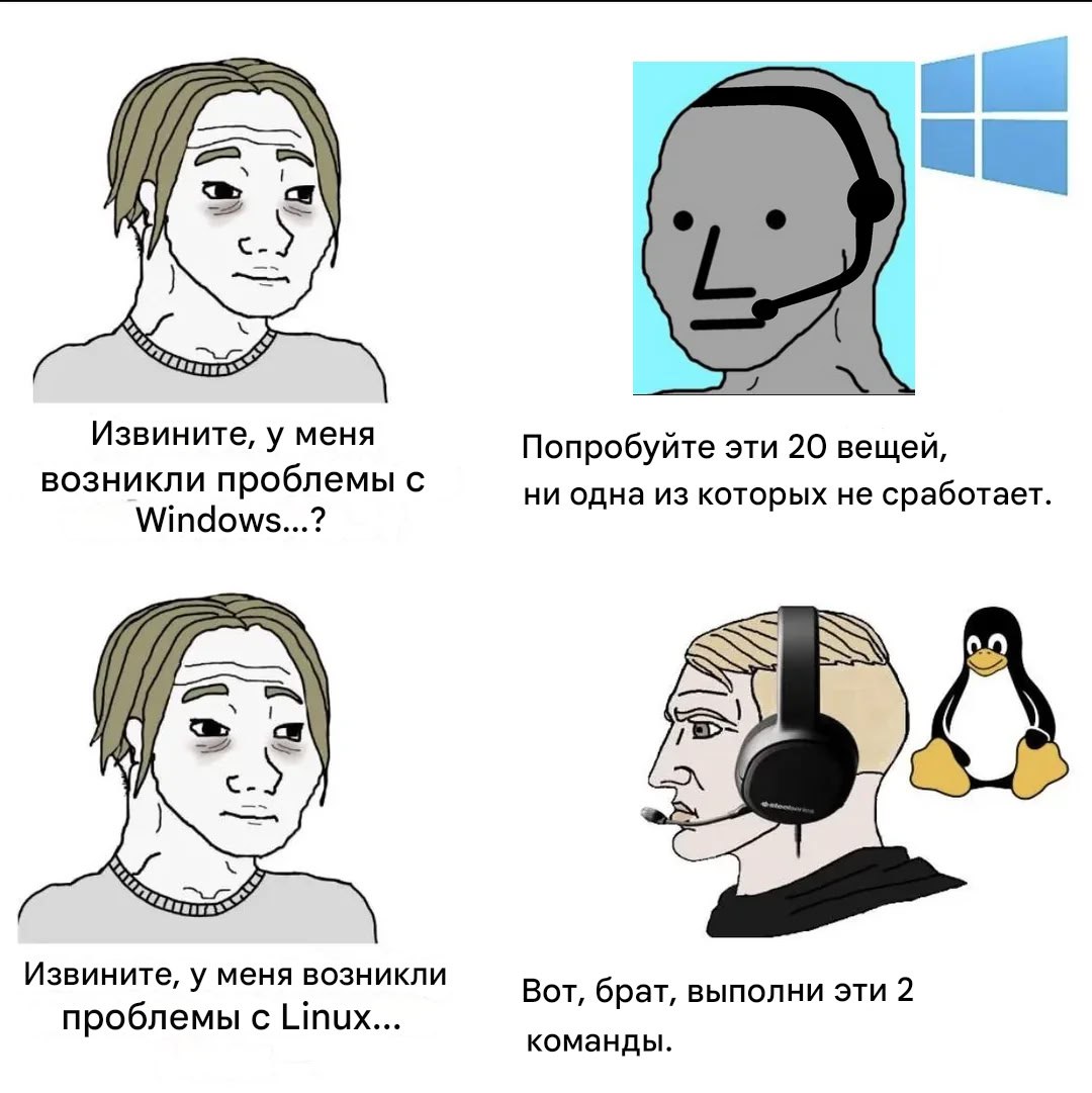 Сравнение техподдержки Windows и Linux с уставшим человеком и специалистами.
