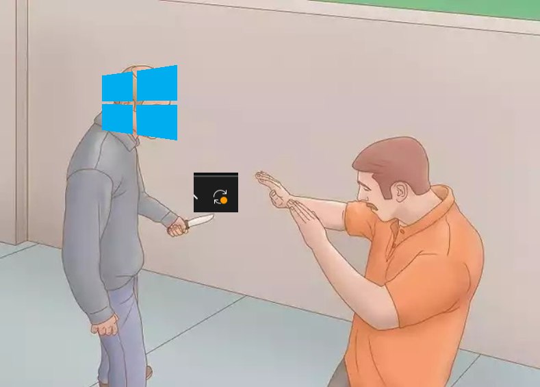 Windows с ножом Мем, где Windows, изображённый в виде человека, держит нож со значком перезагрузки, а другой человек защищается.