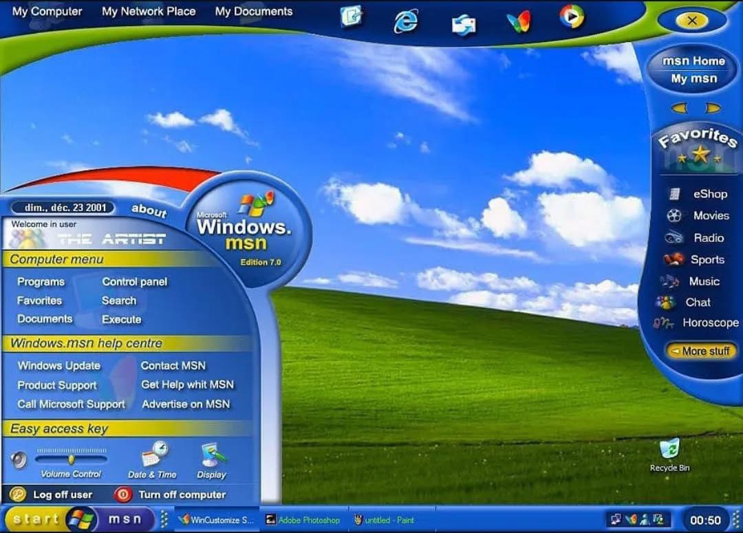 Интерфейс Windows XP с открытым меню «Пуск» Скриншот Windows XP с открытым меню «Пуск» на рабочем столе Bliss.