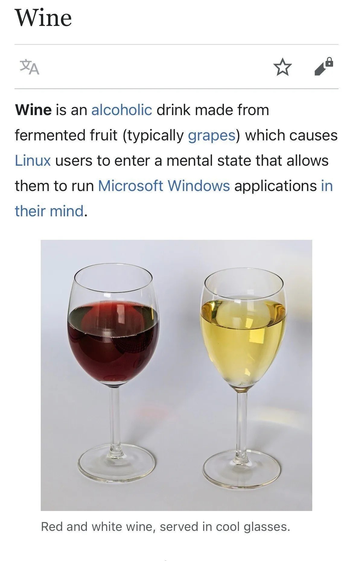 Шуточная википедийная страница про wine, где вино якобы помогает пользователям Linux запускать приложения Windows в уме