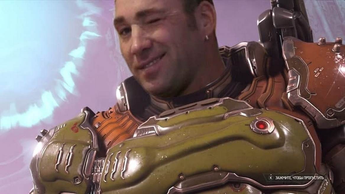 Ухмыляющийся думгай Мужчина с ухмылкой вместо лица Палача Рока из игры Doom