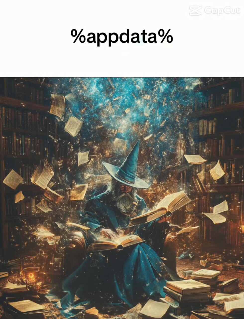 Волшебник читает %appdata% Мудрый волшебник читает старые книги в библиотеке, окруженный летающими книгами и светящимися частицами, а сверху написано %appdata%