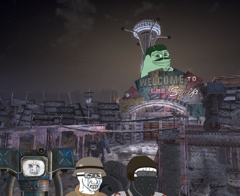 Вояки и Зумер Пепе в Fallout: New Vegas Вояки и Зумер Пепе на фоне Нью-Вегаса из Fallout: New Vegas.