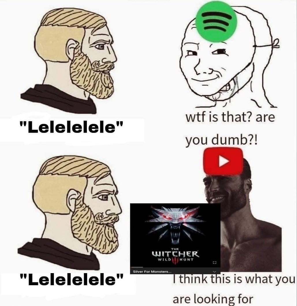 Wojak chad lelelelelele Мем с Вояком и Чадом, сравнивающий реакции на песню "Lelelelelele" из "Ведьмака" на Spotify и YouTube.