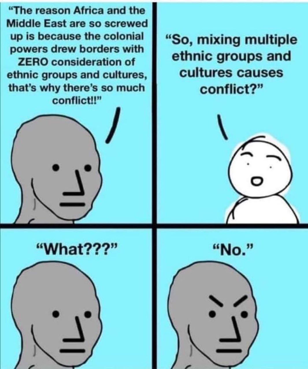 Wojak explaining and denying Мем, где Вояк объясняет причину конфликта, а затем отрицает очевидный вывод