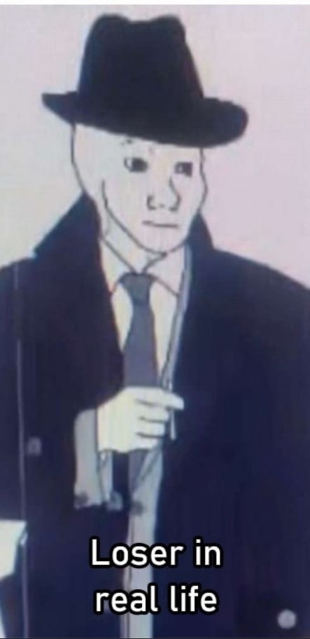 Wojak Loser in real life Мем с Вояком в шляпе и плаще, подписанный Loser in real life