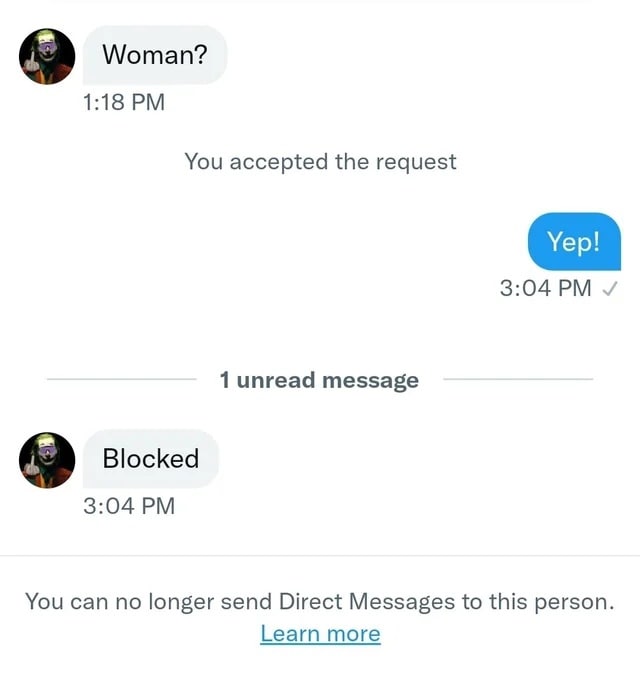 Woman? Blocked Мем со скриншотом переписки Woman? Blocked