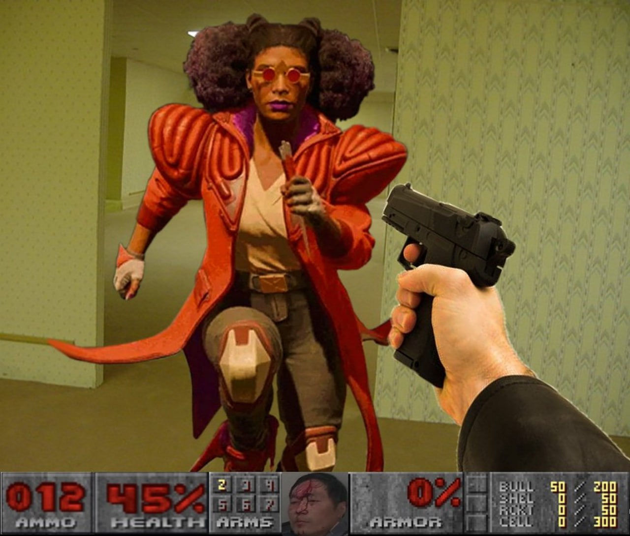 Женщина из Doom в Закулисье Мем, где женский персонаж из игры Doom изображен в Закулисье с пистолетом, направленным на нее.