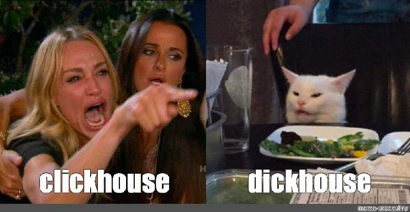 Женщина кричит на кота "clickhouse dickhouse" Мем, где женщина кричит "clickhouse", а кот "dickhouse"