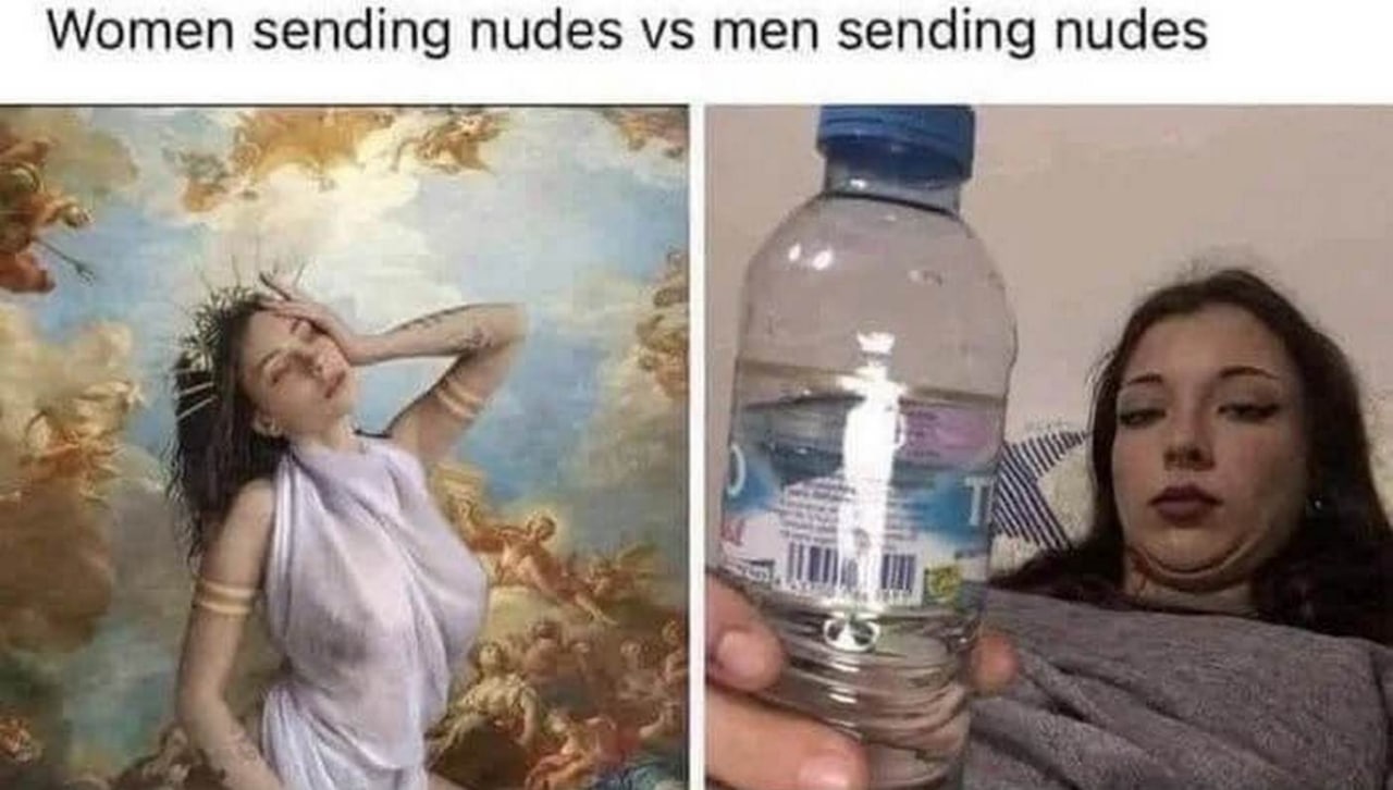 Women sending nudes vs men sending nudes Мем про разницу в том, как девушки и парни присылают нюдсы.