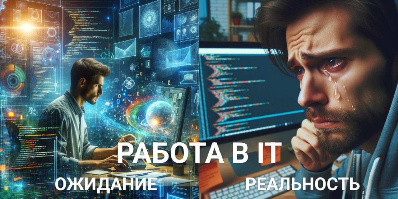 Работа в IT: ожидание против реальности Мем с ожиданием и реальностью работы в IT, где слева показана идеализированная картина с футуристическими проекциями, а справа — грустный плачущий программист перед скучным кодом.