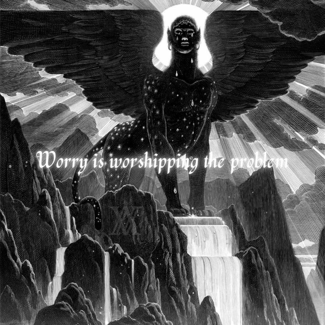 Worry is worshipping the problem Изображение крылатого существа со словами: Worry is worshipping the problem.