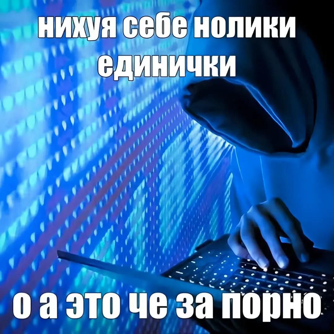 Нихуя себе нолики единички, о а это че за порно Мужчина в капюшоне сидит перед ноутбуком, на экране которого отображаются нули и единицы, а фон выполнен в синих тонах, имитирующих поток данных. Сверху и снизу наложен текст.