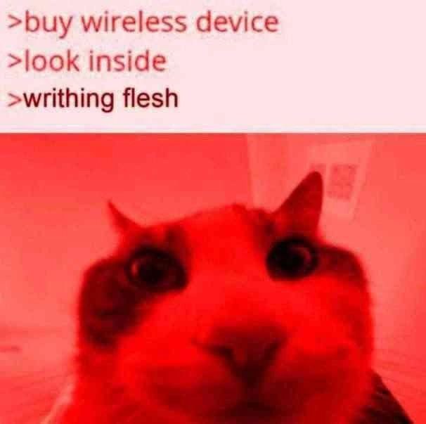 Writhing flesh кот Кот с рогами и текстом о беспроводных устройствах