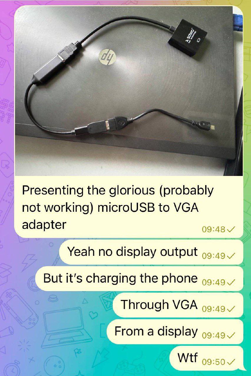 Wtf адаптер Переписка в мессенджере про странный адаптер microUSB к VGA, который заряжает телефон от дисплея