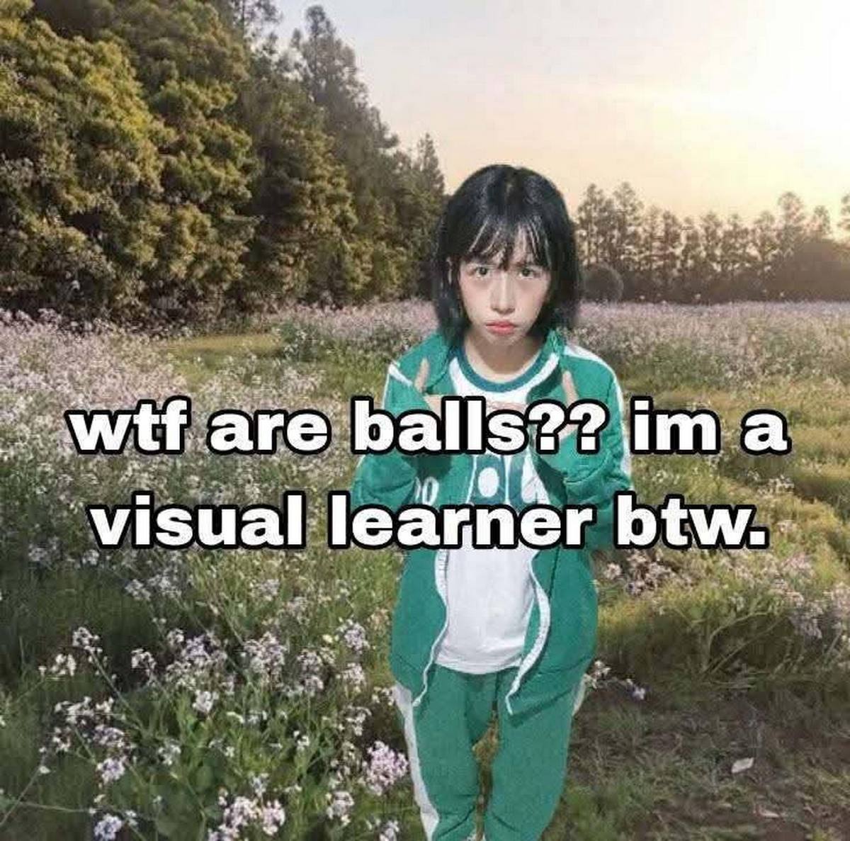 Wtf are balls? Im a visual learner btw Девушка в зеленом спортивном костюме стоит на поле и спрашивает, что такое яйца, так как она визуал.