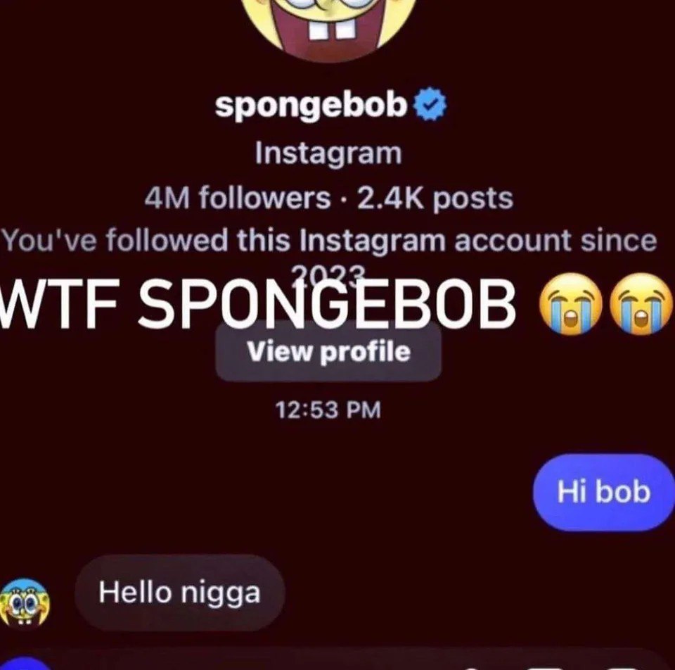 WTF Spongebob Мем с перепиской, где Губка Боб нахамил пользователю в Instagram, на что нахамивший пользователь ответил: "WTF Spongebob".