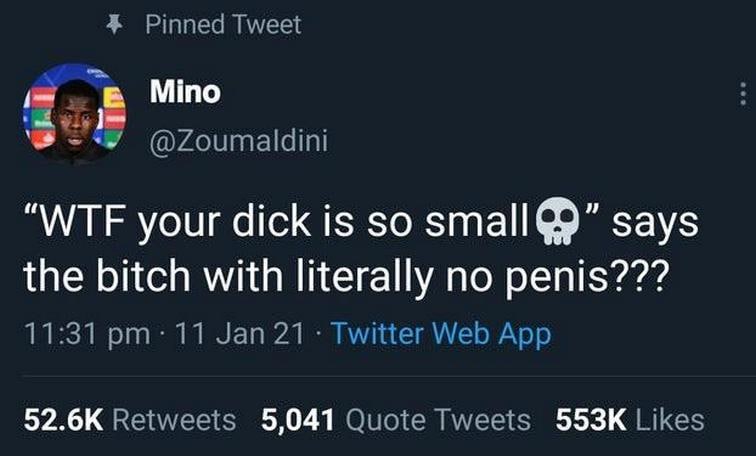 WTF your dick is so small says the bitch with literally no penis Мем со скриншотом твита от пользователя Mino с профилем @Zoumaldini, который пишет «WTF your dick is so small 💀" says the bitch with literally no penis???»